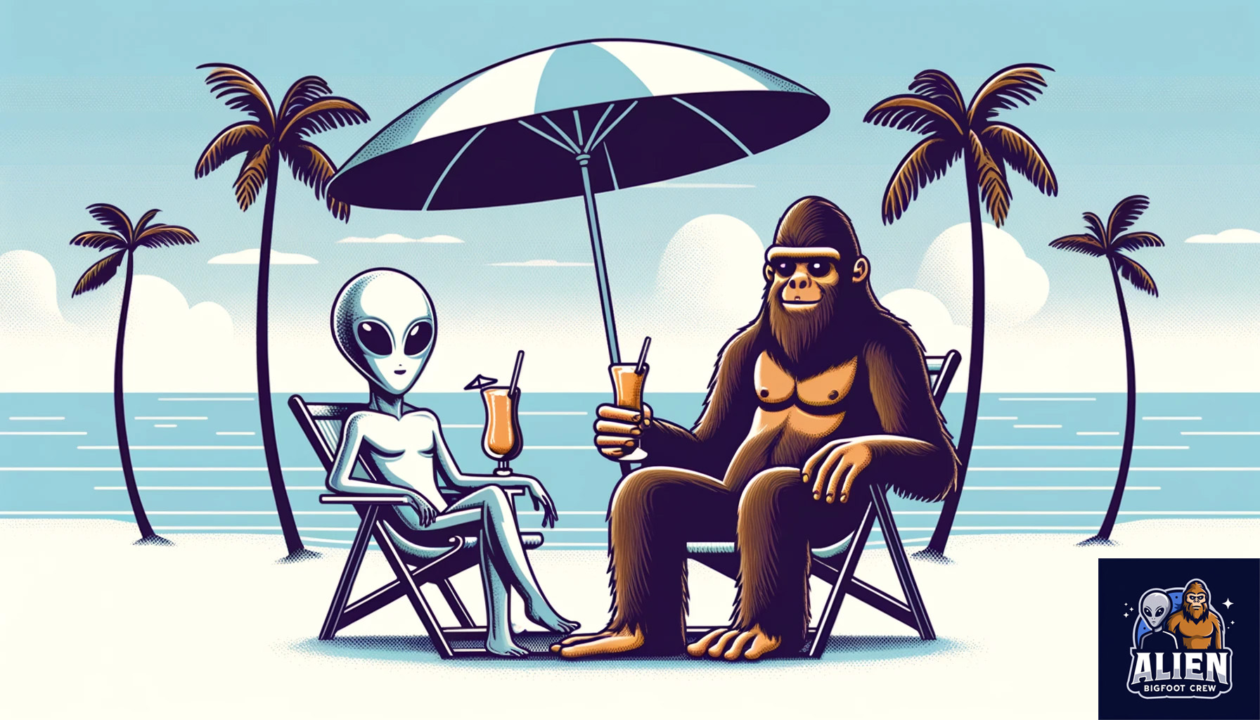 Alien and Bigfoot on a beach