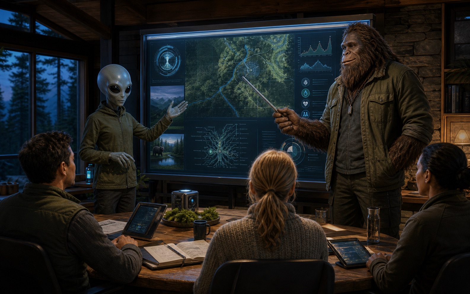 Alien and Bigfoot presenting in a boardroom