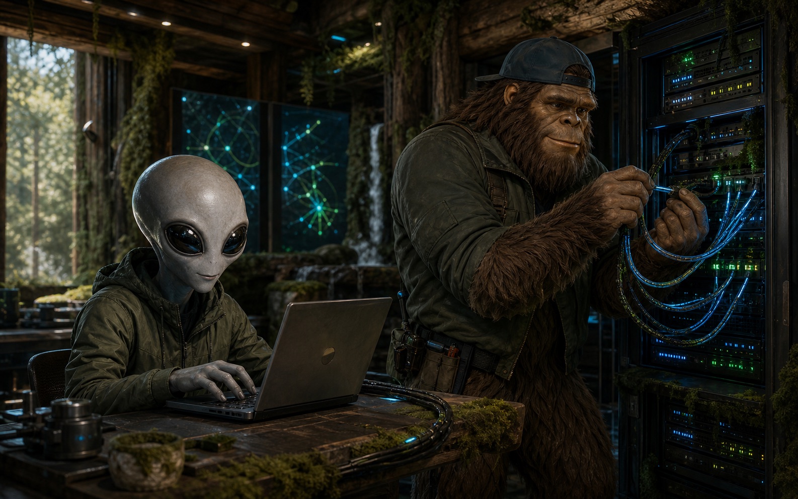 Alien and Bigfoot working in a data center