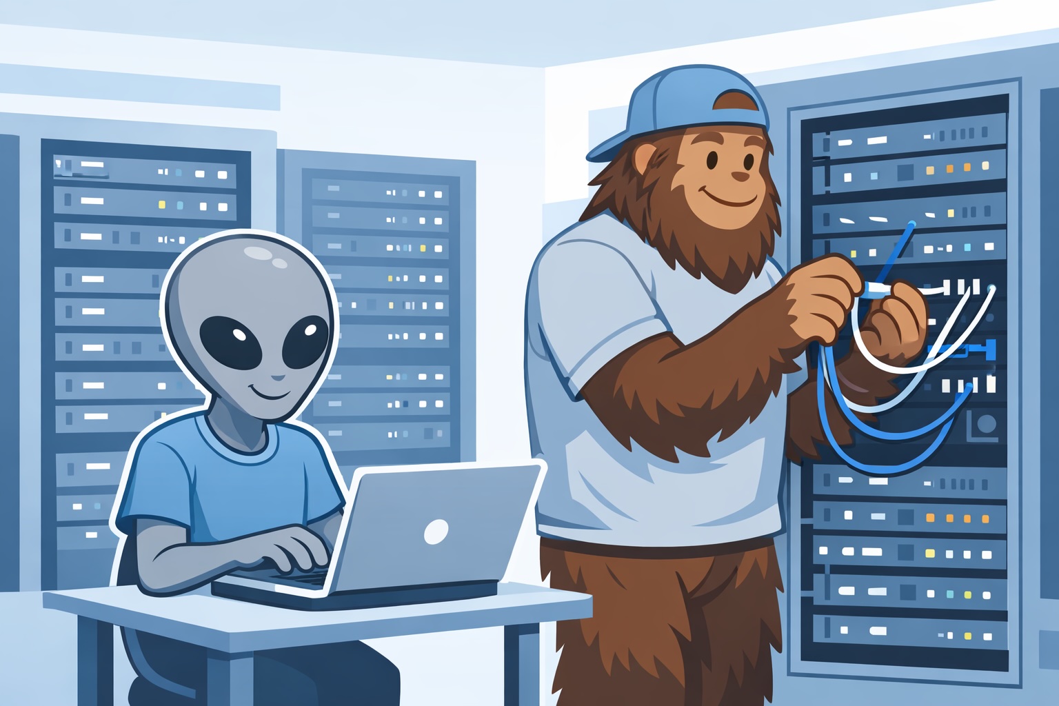 Alien and Bigfoot working in a data center